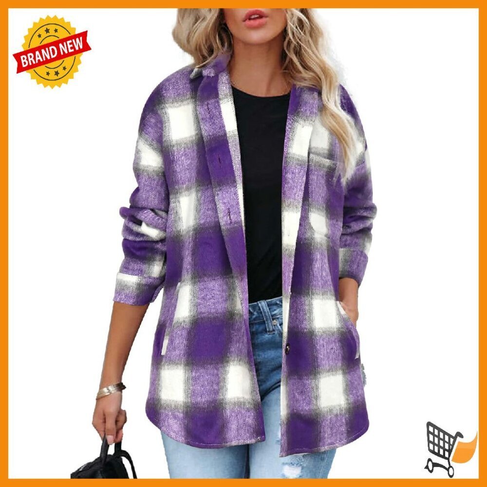 Women's Plaid Shacket Jacket Polyester Button Down Long Sleeve Fall Winter